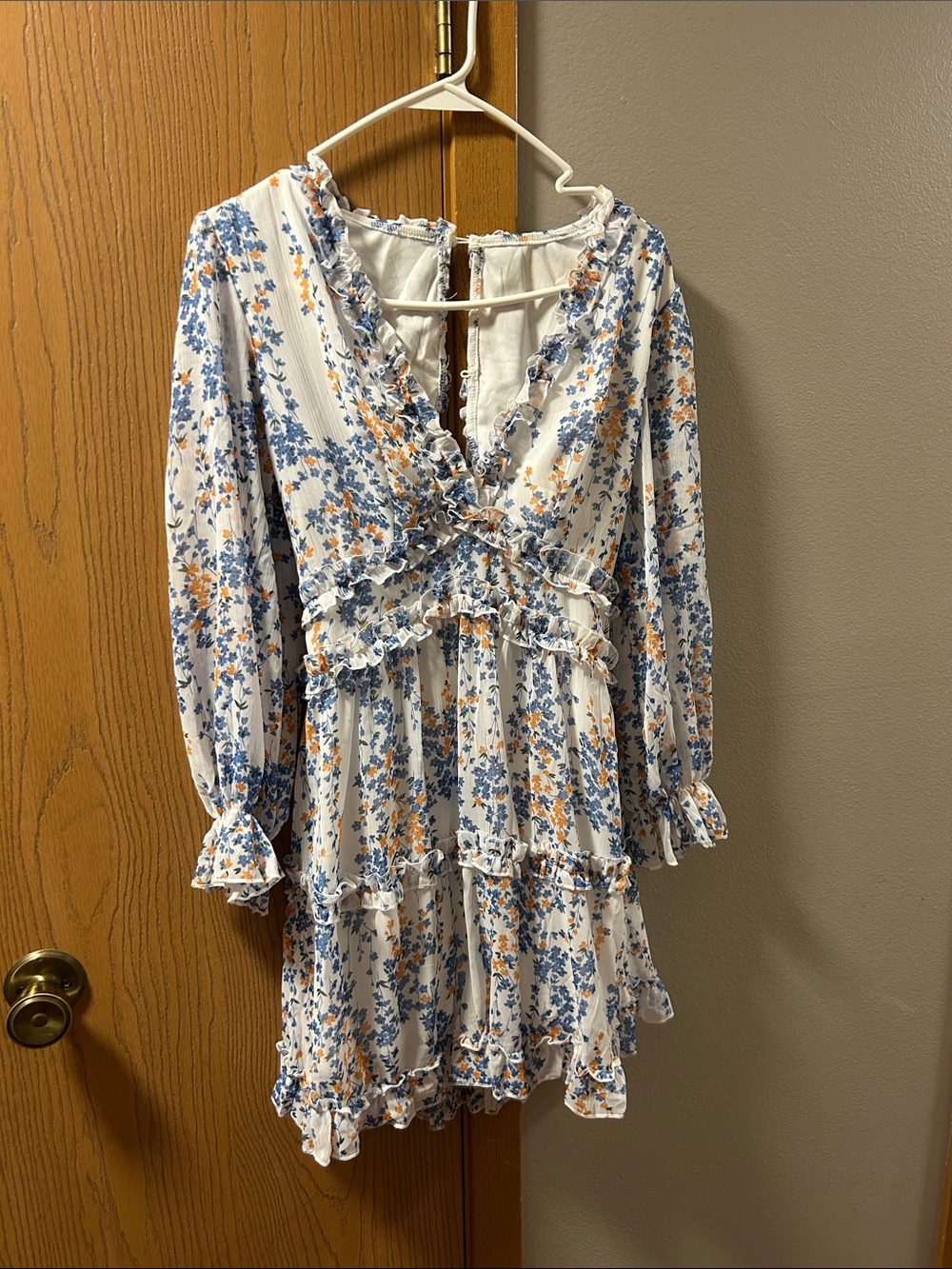 Ruffled Floral Mini Dress in Blue & Peach